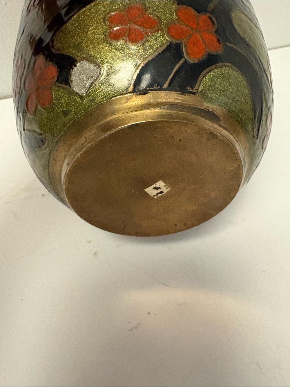 Vintage Heavy Brass Vase with Handpainted Flower Design 9” Tall GVC - Picture 4 of 5